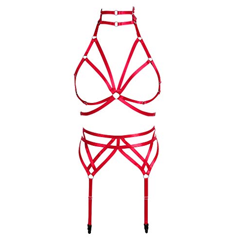 Strappy Harness Full Set Women's Punk Gothic Caged Bra Elastic Plus Size Leg Waist Stockings Garter belts (Red)