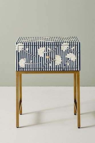 Flower Motif Bone Inlay Handmade Night Stand Side Table Blue
