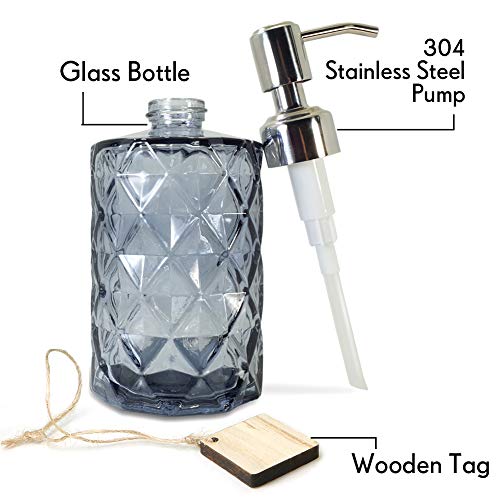 JASAI Diamond Design Glass Soap Dispenser with 304 Rust Proof Stainless Steel Soap Pump, Clear Glass 12 Oz Kitchen Soap Dispenser for Bathroom Accessories, Countertop (Clear Grey)