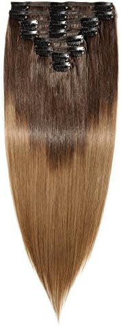 S-noilite Thicken Long Soft Clip in Human Hair Extensions Double Weft 8pcs 150grams/pack for Full Head 20" 100% Real Clips Human Hair Extension Dark Brown Ombre to Light Brown #T2/6