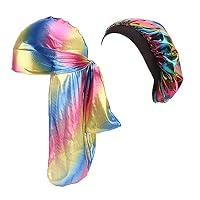HADM Silky Durag for Men Women 360 Waves Cap Holographic Bonnet Sleeping Hat Doo Rag Set