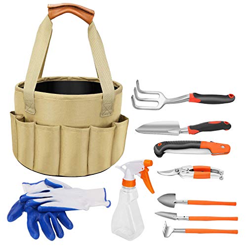 Garden Tool Set, 10 Piece Heavy Duty Gardening Tools with Gardening Rake ,Shovel, Pruner ,Pruning Saw ,Gloves, Sprayer,Tote bag with Garden Tool Organizer for Kid Women Gardening Gift