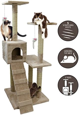 Petlo Kitty Cat Tree - 4 Foot Tall Soft Felt Carpet Climbing Kitten Play Tower and Scratcher to Play, Scratch and Rest – Three Levels with Ramps, Fort and Mouse Toys – Easy Assembly