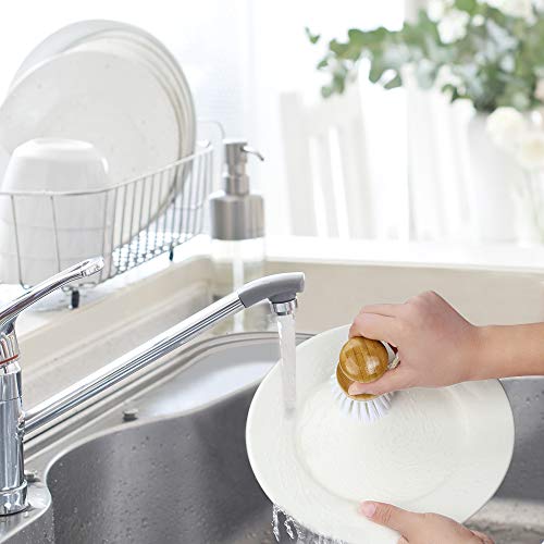 Dish Brush with Durable Bristles Bamboo Grip for Dishes Pot Pan Kitchen Sink Vegetable Cleaning, 3 Pcs