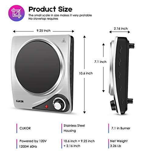 CUKOR Portable Electric Stove, 1200W Infrared Single Burner Heat-up In Seconds, 7.1 Inch Ceramic Single Hot Plate Cooktop for Dorm Office Home Camp, Compatible w/All Cookware