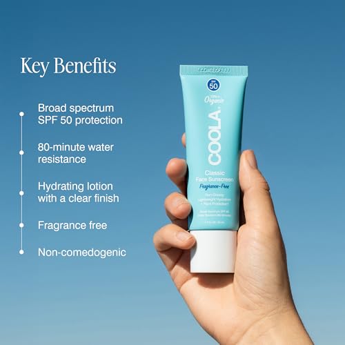 COOLA ORGANIC FACE SUNSCREEN SPF 50 SUNBLOCK LOTION, DERMATOLOGIST TESTED SKIN CARE FOR DAILY PROTECTION, VEGAN AND GLUTEN FREE, FRAGRANCE FREE, 1.7 FL OZ.