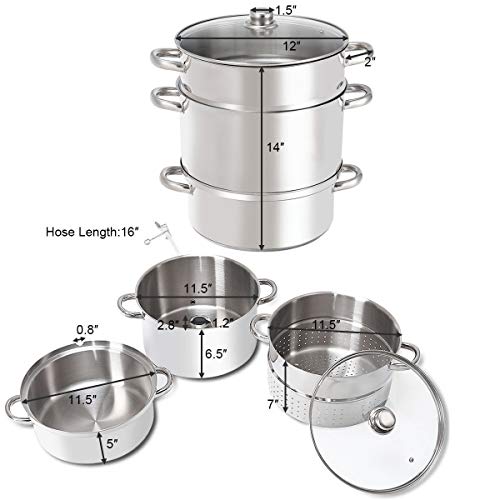 11-Quart Stainless Steel Juicer Steamer, Fruit Vegetables Steamer For Food With Glass Lid Hose With Clamp Loop Handles, Perfect Home Kitchen Stainless Steel Cookware By WATERJOY