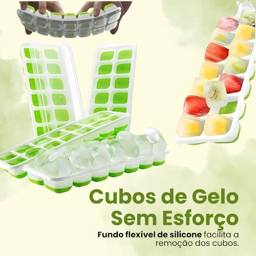 Kit 4 Formas de Gelo com Tampa Rígida Fundo Silicone Flexível 14 Cubos | Ideal para Bebidas, Ideal para Frutas, Ideal para Papinha, Ideal para Alimentos