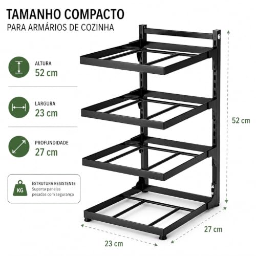 Organizador de Panelas Vertical Ajustável em Ferro – Porta Panelas para Armário de Cozinha | Suporte Modular com Ajuste de Altura para Panelas, Frigideiras e Tampas (4 camadas)