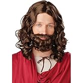 My Costume Wigs Men's Classic Jesus Dark Brown Wig and Beard Set – Long Curly Costume Hair and Full Beard – Biblical, Jesus, Saint, or Historical Character Cosplay Accessory One Size Fits All