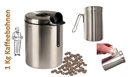 Edelstahldose für 1 kg Kaffeebohnen mit Löffel und Geburtstagsaktion James Premium® + Milchschaumkännchen