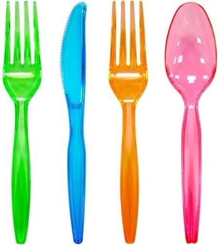 96 Piece Plastic Cutlery Combo Knives, Forks and Spoons Assorted Neon Colors