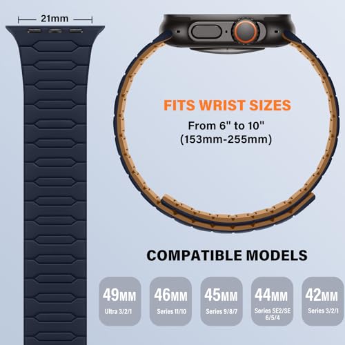 Sixmoat Compatible con Apple Watch Correa 49mm 46mm 45mm 44mm 42mm para Hombre Mujere, Correa Magnética Deportiva de Silicona para iWatch Ultra SE Serie 11 10 9 8 7 6 5 4 3 2 1, (Indigo-Marrón)