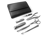 GERManikure 7pc matte stainless steel manicure set in black leather case with magnetic closure