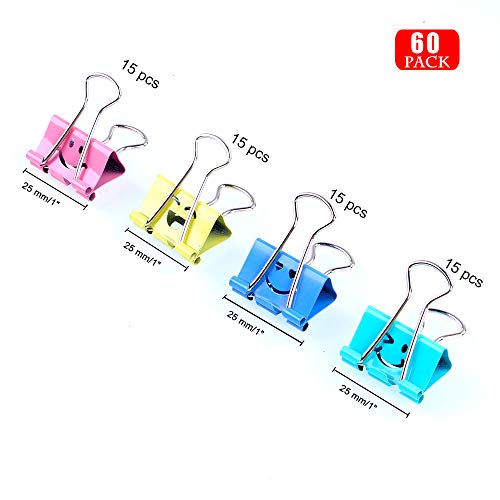 Binder Clips, Limque Paper Clips,Paper Clamps with Colored Cute Hollow Smiling Face,60 Pcs 1inch/25mm Size Clips, for Office,Teacher Gifts and Kitchenï¼ŒMedium