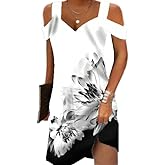 LOVESHOOT Size XL Black White Women Cold Shoulder Dress 2025 Summer Casual Elegant Boho Midi Floral V Neck A-Line Beach Vacation Sun Dresses