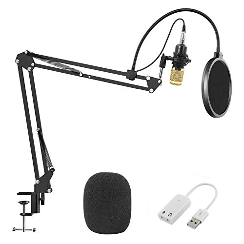 Professional Studio Broadcasting Recording Condenser Microphone, Geekroom Adjustable Recording Microphone Suspension Scissor Arm Stand with Shock Mount and Mounting Clamp Kit
