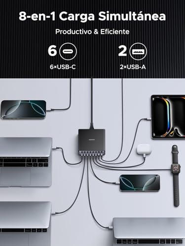 UGREEN Cargador 200W GAN y 8 Puertos, Estación de Carga de Escritorio con 6 USB C y USB PD, Carga Rápida de 100W, Compatible con MacBook Pro Air de 16", XPS 13, iPad Pro, iPhone 17Pro MAX, Galaxy S25