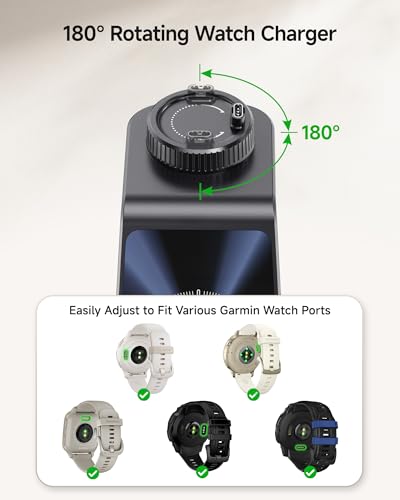 SwanScout Charger for Garmin Watch, 3 in 1 Wireless Charging Station for Vivoactive/Venu/Forerunner/Instinct/Fenix/Epix, Charger Stand for Samsung S25, for iPhone, for AirPods/Galaxy Buds (No Adapter)