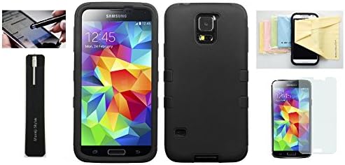 [Black Black] Samsun Galaxy S5 Phone Protective [Heavy Duty] Armor Hybrid Two Layer Cover Travel Case with Momiji® [Screen Guard] Protector, Stylus Pen, Cleaning Cloth for [Galaxy S5]