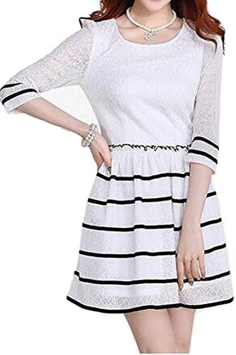 Minlovely Women's 3/4 Sleeve Lace Slim Stripe Summer Dress WhiteMedium