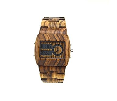 HYSENM Herren Armbanduhr digital Uhr Holz mit Datumsanzeige Wochentag Monat Tag leuchtend zwei Zeitzone für Allergiker mit We