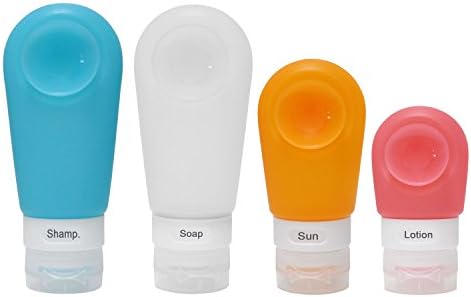 4 Pack Portable Silicone Travel Bottles Strong Suction Cup Leak Proof, with Facial Brush and Toothbrush Case Covers, FDA Certificated Pack P64