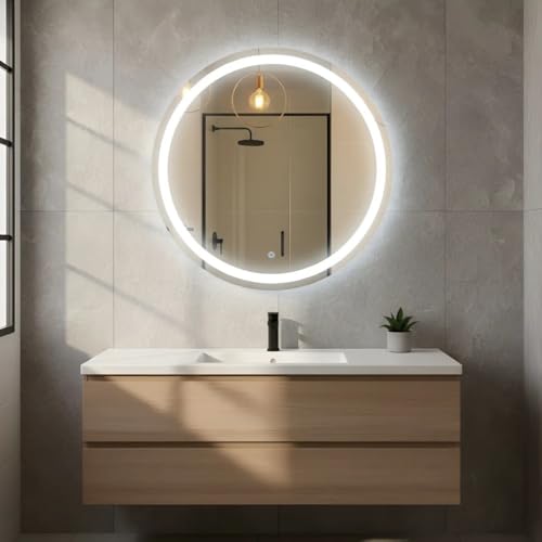 Espelho Redondo 3 Cores de LED e Touch Screen - Vários tamanhos - Decorativo Lapidado Iluminado Luxo (90x90cm)