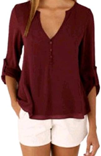 Destjoy Clothing Women's Loose V-Neck Plus-Size Basic Casual Long Sleeve Pullover Tshirt Top Blouse,USSmall,WineRed