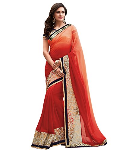 Shonaya Women's Embroidered Georgette Red Half & Half Saree With Unstitched Blouse Piece