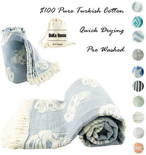 DoKa Home Turkish Towel - Full Cotton Peshtemal - Turkish Bath Towel 39x70 inches - Pre Washed, More Softly, Beach, Bath, Spa, Hammam, Super Soft Towels (Skull Design and Blue Colors)