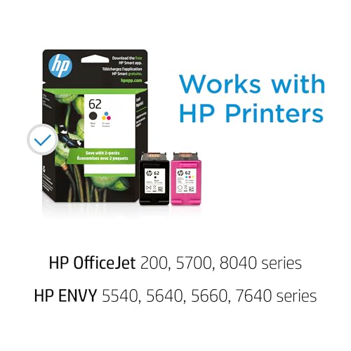 HP 62 Black/Tri-color Ink (2-pack) | Works with ENVY 5540, 5640, 5660, 7640, OfficeJet 5740, 8040, OfficeJet Mobile 200, 250 | Instant Ink Eligible | N9H64FN | Packaging May Vary