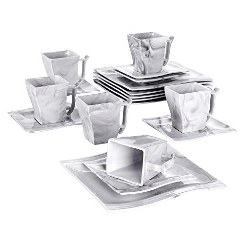 MALACASA, Serie Flora, 18 tlg. Set Marmor Porzellan Kaffeeservice Geschirrset mit je 6 Kuchenteller, 6 Tasse 220ml, 6…