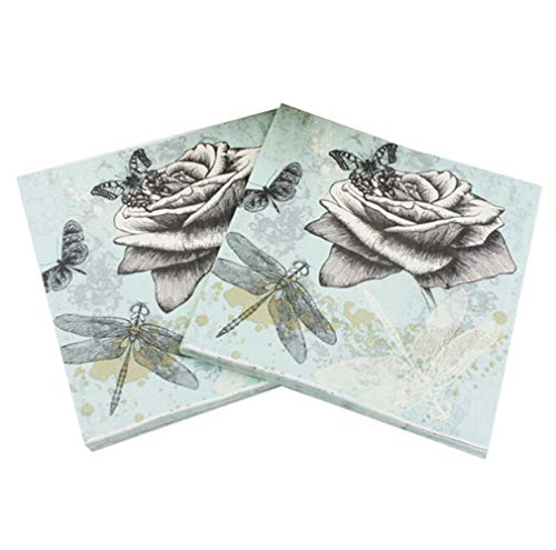 Dragonfly Flower Paper Napkins Disposable, Vintage Floral Dessert Cocktail Napkins for Wedding, Bridal Shower, Tea Party Supply Dinner Decorative, 2-Ply, 40 Count