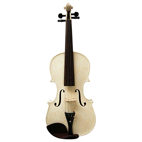 Kinglos 4/4 White Yellow Flowers Colored Ebony Fitted Solid Wood Violin Kit with Case, Shoulder Rest, Bow, Rosin, Extra Bridge and Strings Full Size (HB1304)