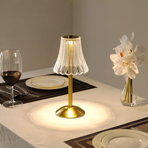 Crystal Table Lamp, Dimmable 3-Color LED Touch Cordless Lamp, Rechargeable Small Nightstand and Bedside Lamp for Bedroom, Bar and Restaurant, 28.5 x 12 CM