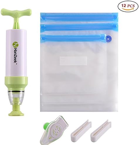 Sous Vide Bags &amp; Sous Vide Pump Set, Includes-12 BPA Food Vacuum Bags,1 Hand Pump,2 sealing clips,1 wine bottle stopper. Keep Food Saver Longer-Storage,Reusable &amp; Easy to Use (15)