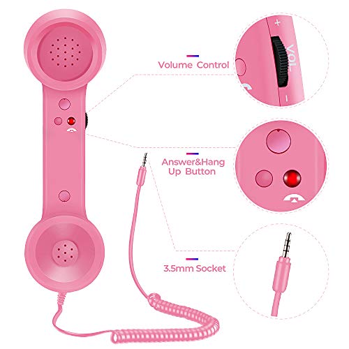 Cell Phone Handset,Retro Telephone Handset Anti Radiation Receivers 3.5MM for iPhone iPad,Mobile Phones,Computer (Pink)