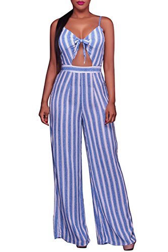 Linsery Women Sexy Striped Strap Sleeveless Long Wide Leg Pants Prom Jumpsuit - Thumbnail 3