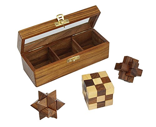 Indian Glance 3D Puzzles for Kids| Adults | Teens | Boys | Girls | Fun- Includes Wood Interlocking Blocks, Diagonal Burr, and Snake Cube in Storage Box - Wooden Puzzle Games Set