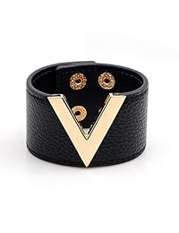 Brazalete de cuero con diseño de V inspirado en el diseñador, 8.3 in de longitud