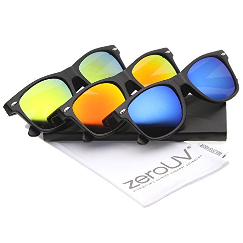 zeroUV - Matte Finish Reflective Color Mirror Lens Large Square Horn Rimmed Sunglasses 55mm (3 Pack | Blue + Orange + Y)