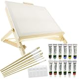 US Art Supply 21-Piece Acrylic Painting Table Easel Set with, 12-Tubes Acrylic Painting Colors, 11"x14" Stretched Canvas, 6 Artist Brushes, Plastic Palette with 10 Wells