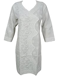 Womans Jasmine White Tunic Handmade Chikan Floral Embroidered Cotton Summer Indian Kurta Dress