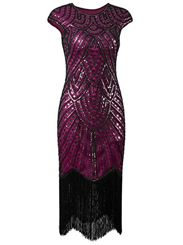 Vijiv 1920's Long Prom Dresses Beaded Sequin Art Nouveau Deco Flapper Dress, Rose Pink, Small