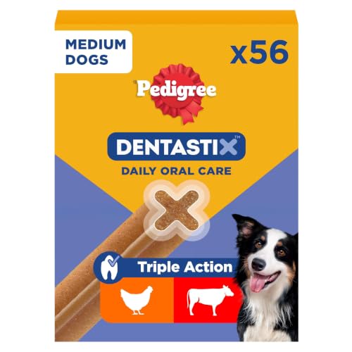 DentaStix Hundesnack für mittelgroße Hunde (10-25kg), Zahnpflege-Snack mit Huhn und Rind, 1 Packung je 56 Stück (1 x 1.44 kg)
