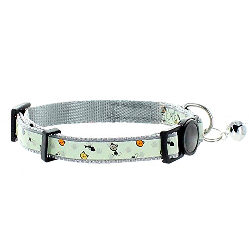 Pawtitas Pet Glow In The Dark Cat Collar with Safety Buckle and Bell Grey Hook
