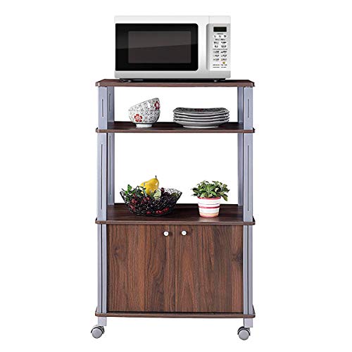 FDInspiration Walnut 23.5''L Rolling Multi-Functional Microwave Stand Cabinet Storage Display Bakers Rack Cart with Ebook