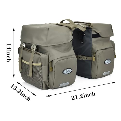 ZTZ 50L Waterproof Bicycle Panniers, Made of High Density 600D Polyester for One. The Bicycle Saddle Bag Comes with a Reflective Trim and a Cover (Khaki Green)