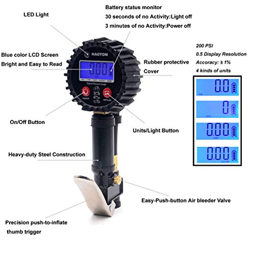 Digital Tire Inflator with Pressure Gauge,0-200 PSI Heavy Duty Rubber Hose,1/4 NPT Quick Connect, Air Chuck and Compressor Accessories for Car Motorcycle Bike Truck Vehicles